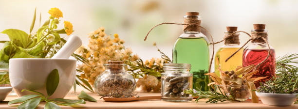 Composition of natural alternative medicine with capsules, essence and plants on wooden table in rustic kitchen. Front view. Horizontal composition.
